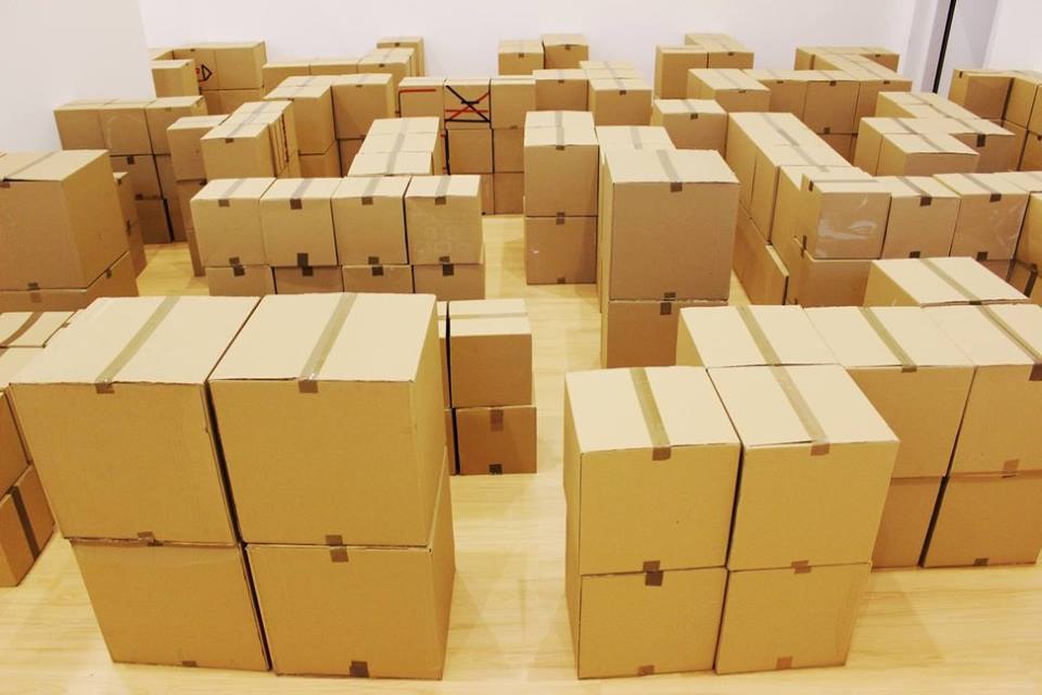 Retícula espacial construida con cajas de cartón.