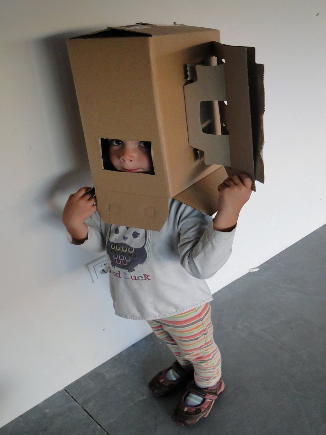 Una caja de cartón se convierte en máscara, personaje y refugio para la mirada.